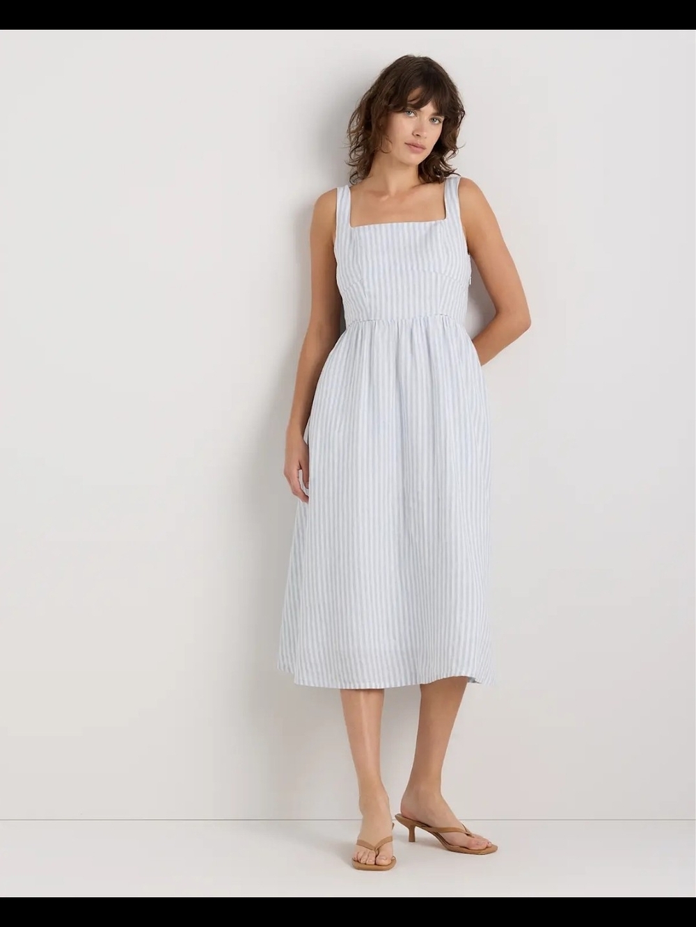 Quince 100% European Linen Fit & Flare Midi Dress Sky Blue Mariner Stripe S NWT - Picture 14 of 16